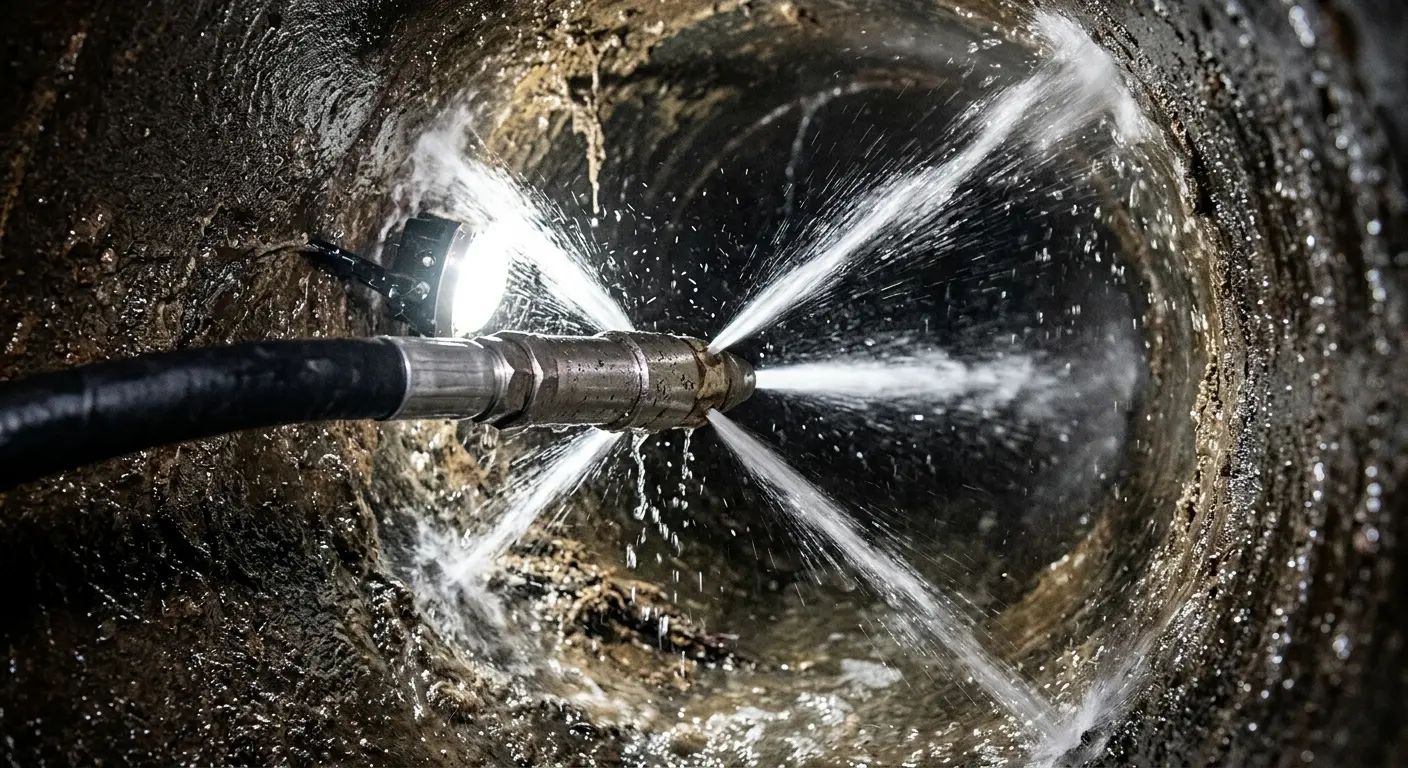 High-pressure hydro jetting nozzle cleaning sewer pipe for Sewer Cleanout in Bergenfield