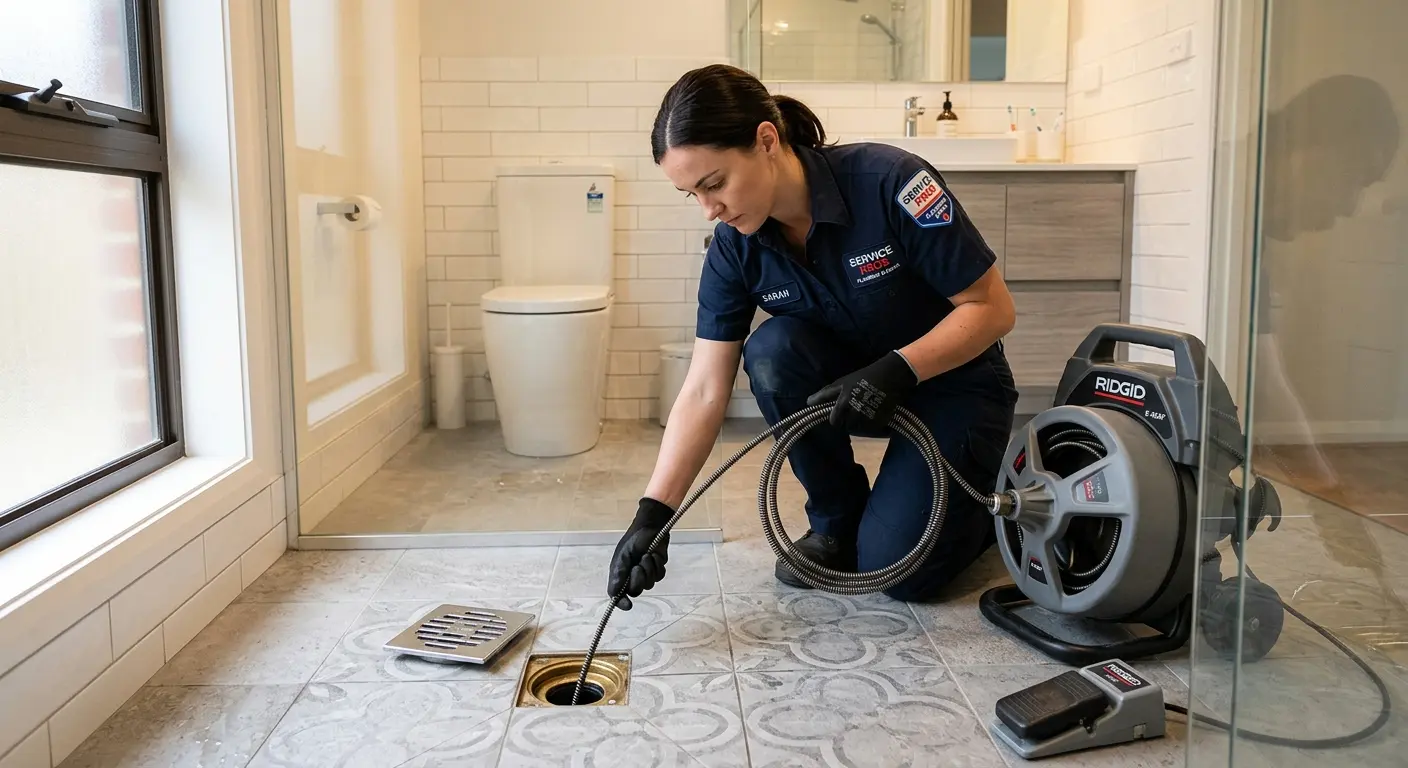 Technician clearing a bathroom floor drain for Hydro Jetting in Bergenfield